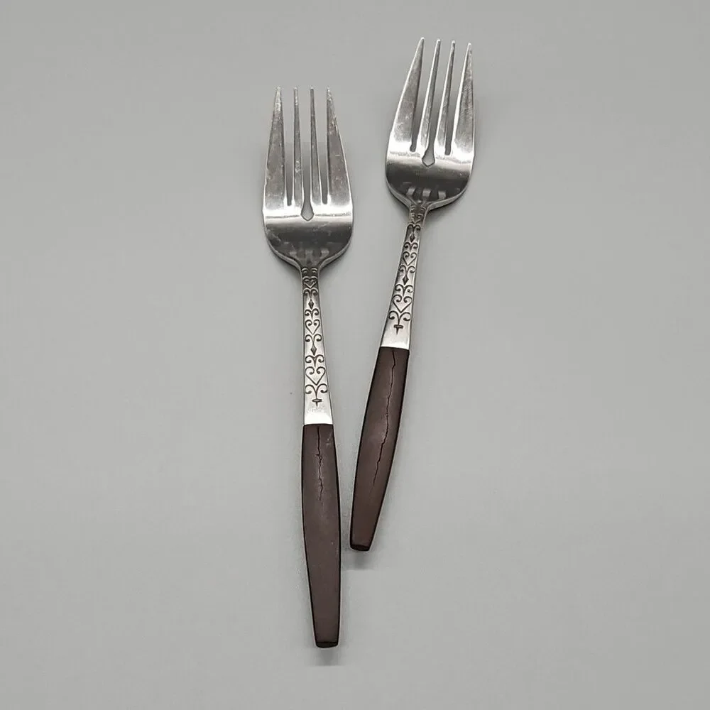 Interpur Salad Forks Brown Wood-Tone Handle Stainless Japan Flatware Set/2